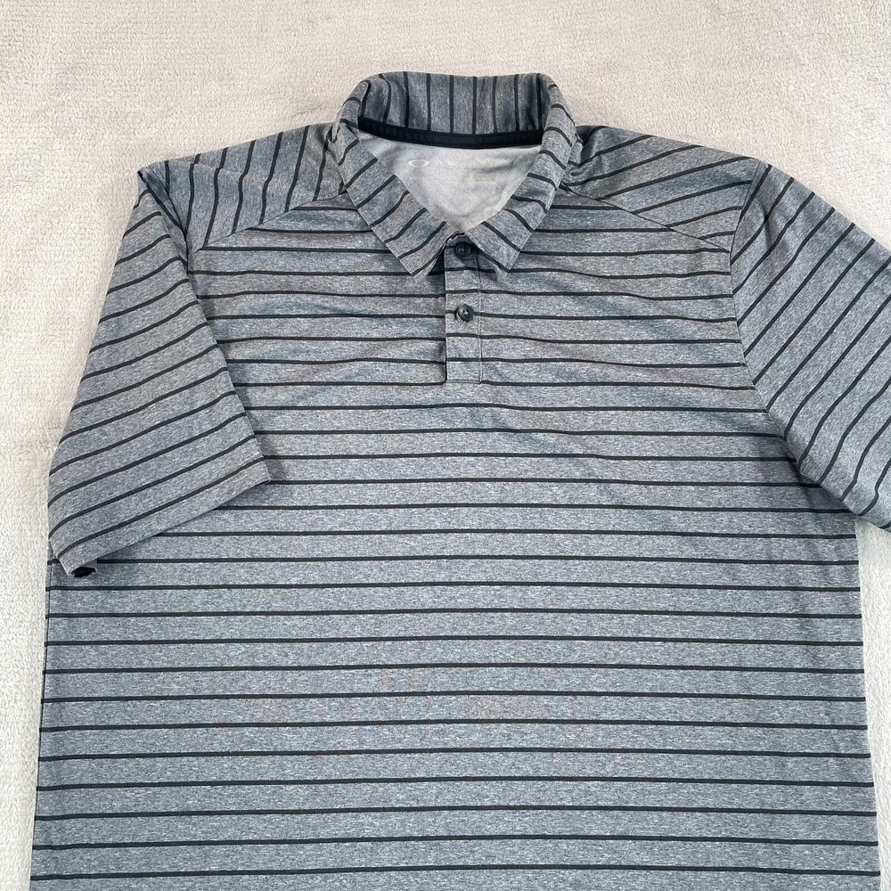 Oakley Performance Golf Polo Shirt Men Large Grey Striped Short Sleeve Wicking